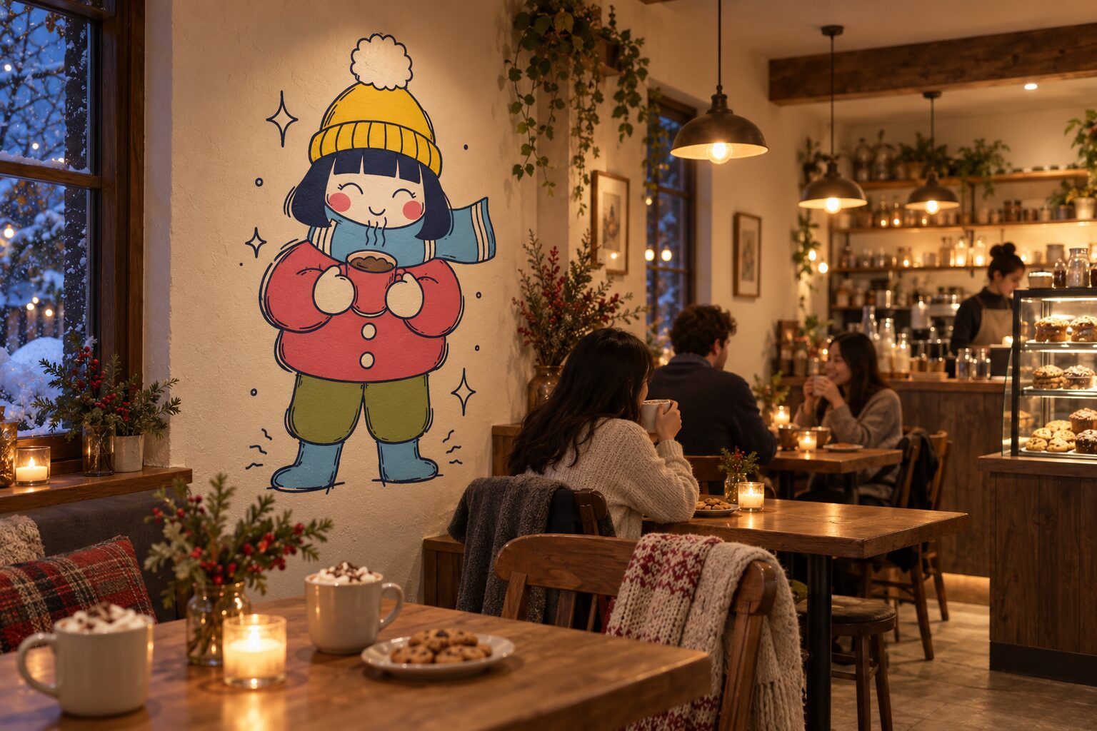 Inside Little Nuri at night: wooden tables, cocoa, cookies and a big mural of Nuri on the wall.
