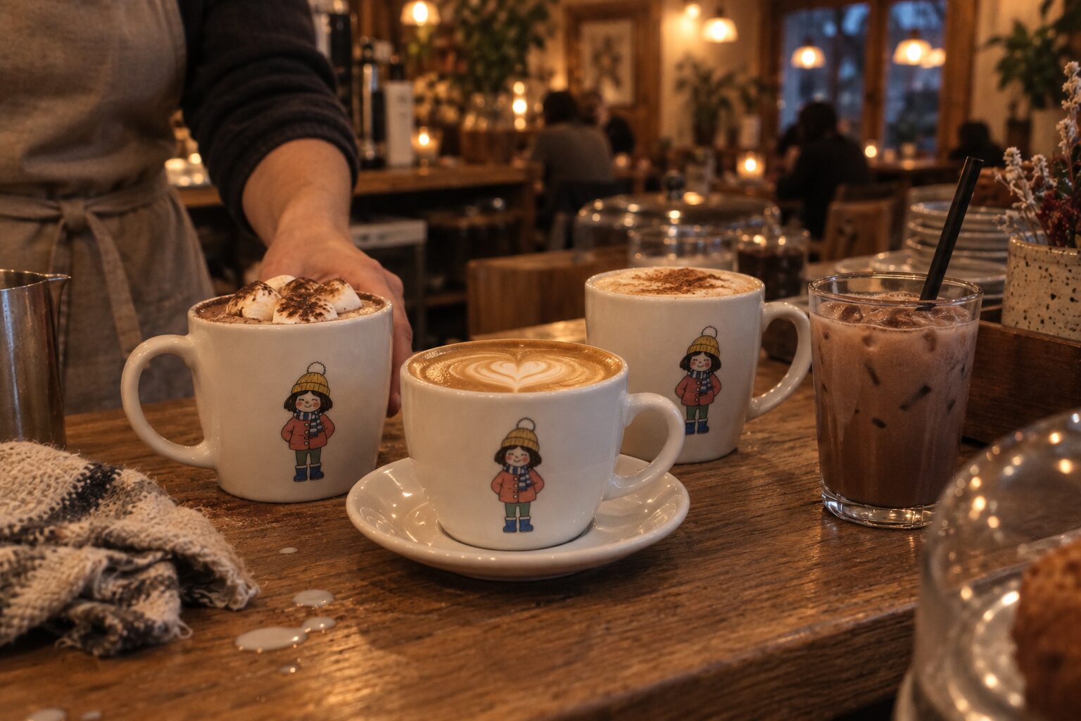 Hot cocoa, a flat white, a chai and an iced cocoa on the counter.