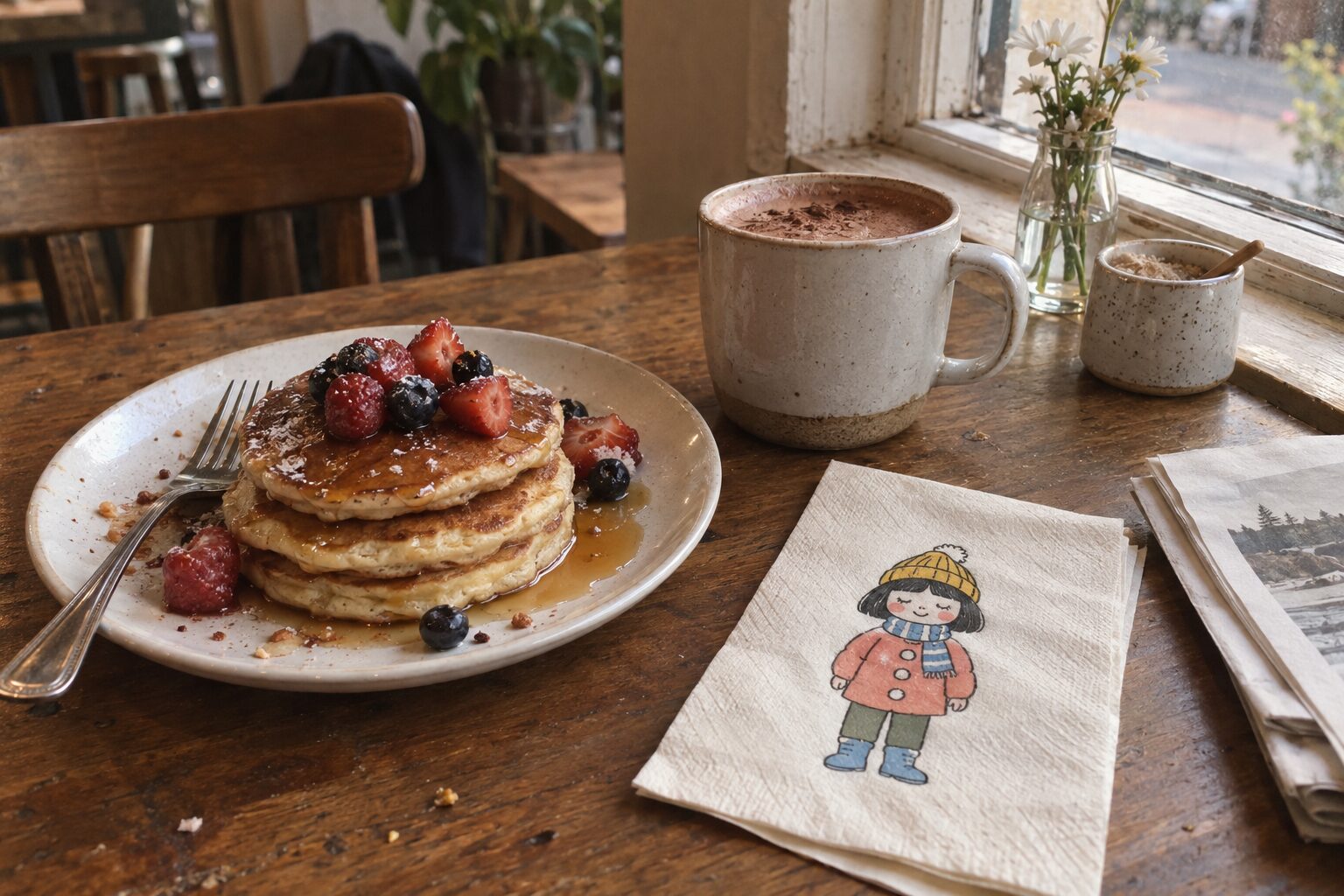 Pancakes with berries by the window.