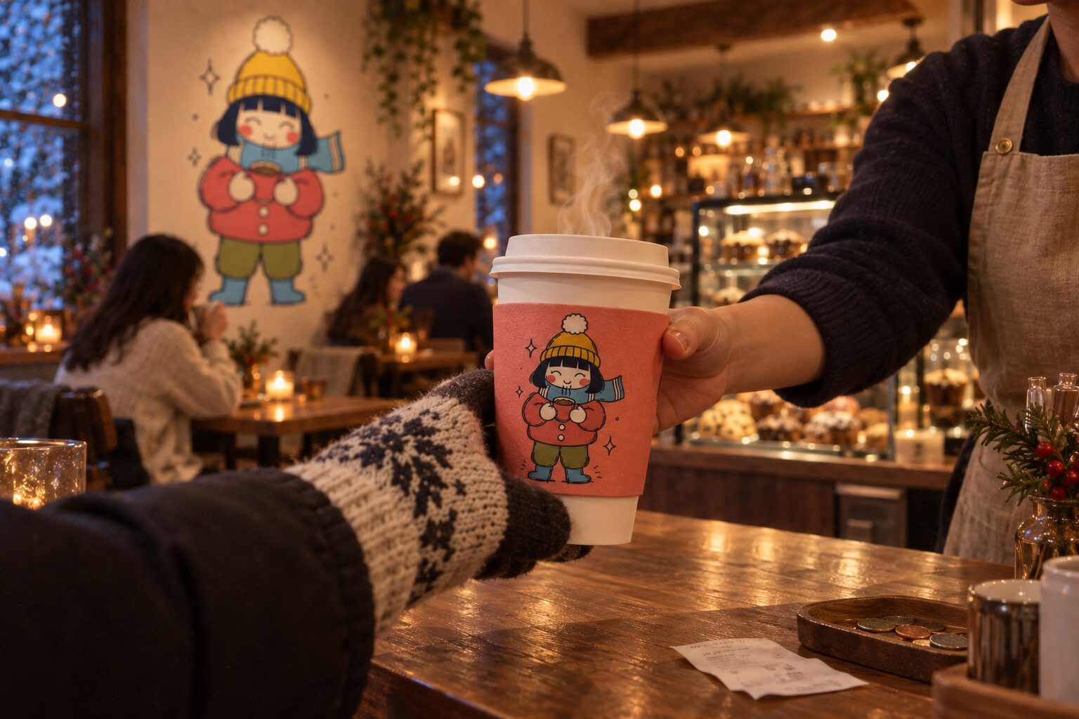 A takeaway cup passed over the counter.