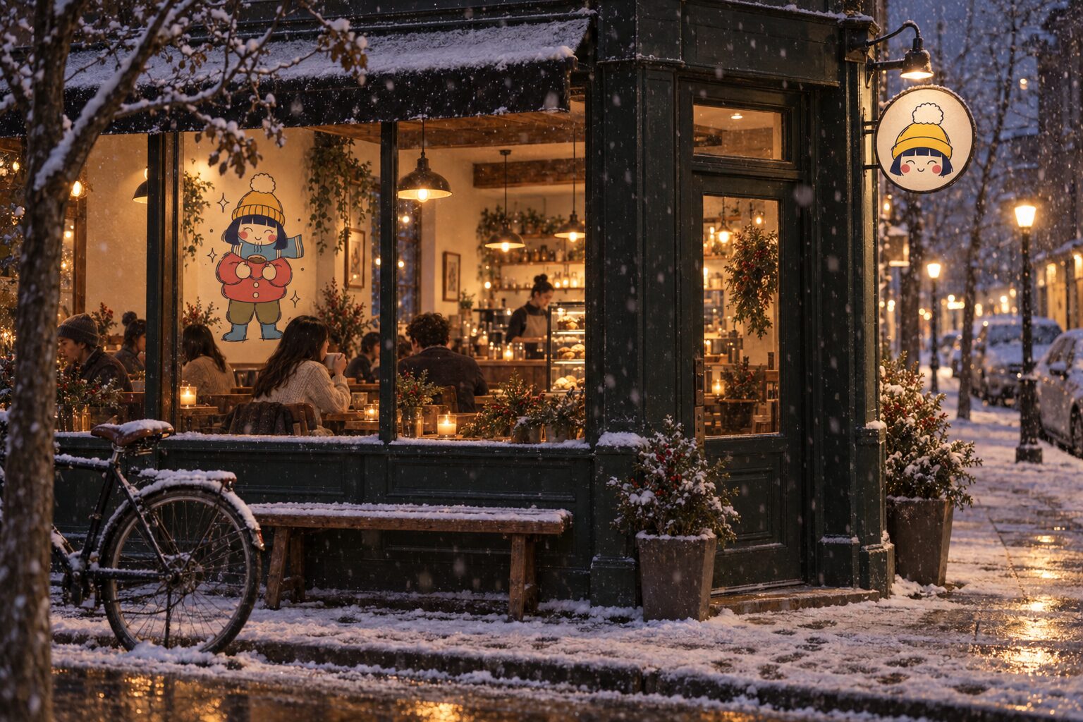 The Little Nuri storefront at dusk in light snow.