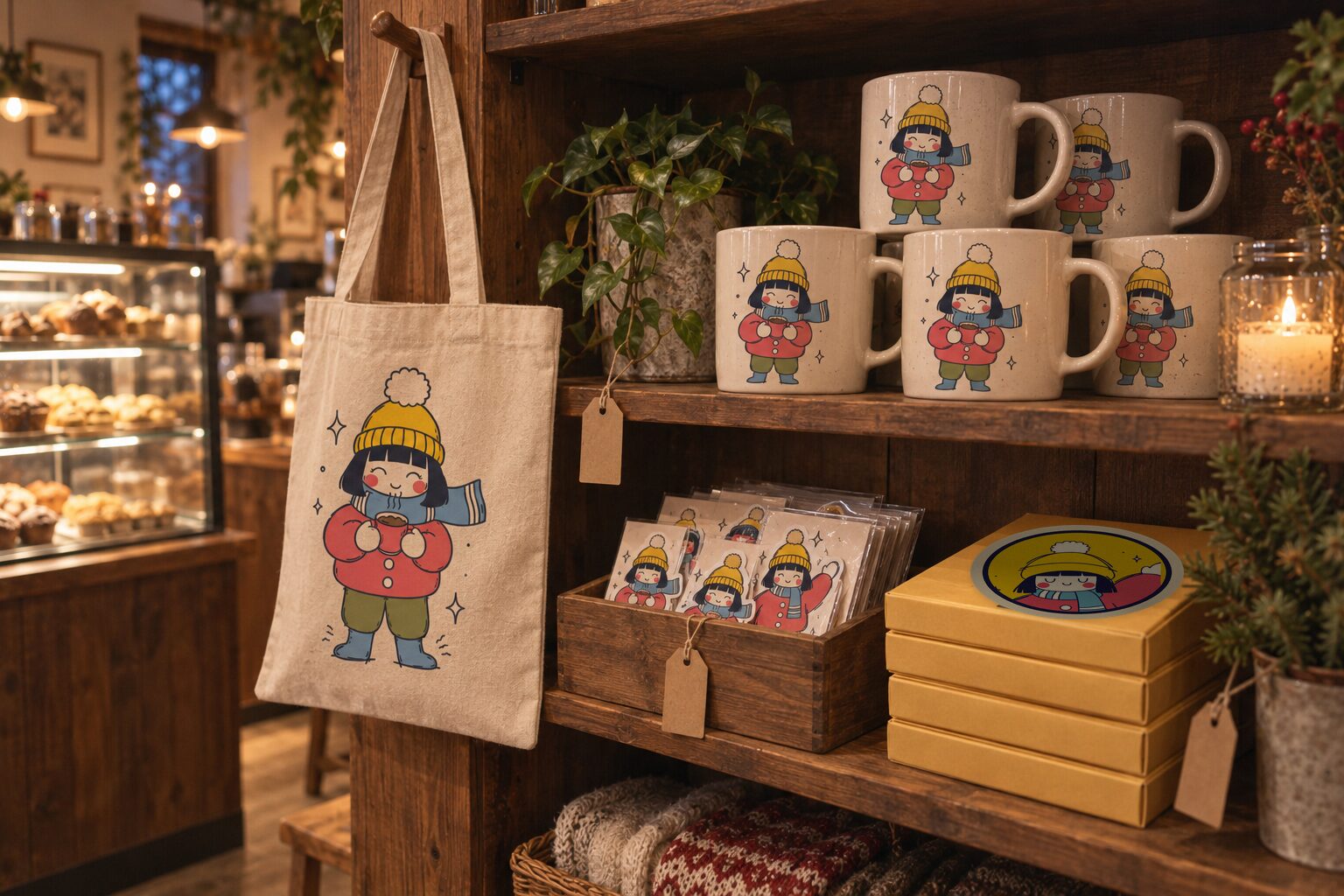 The shelf of Little Nuri mugs, totes, sticker sheets and cookie boxes.